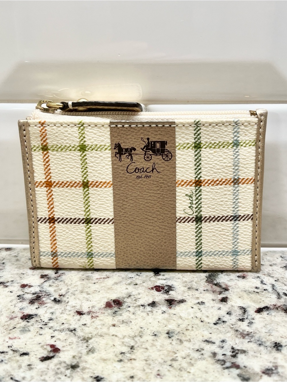 Coach Heritage Tattersall Mini Skinny Zippered Card Case with Key Fob NWT